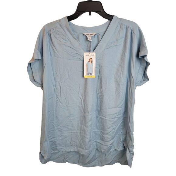 NWT Nine West Blue V-Neck Short Sleeve Woven Popover Top Women's Size Medium - Picture 1 of 10